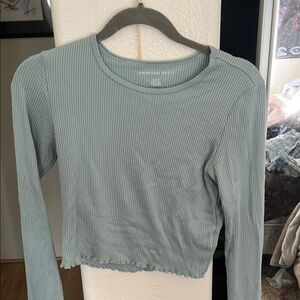 American Eagle Blue Ribbed Crop Long Sleeve Top